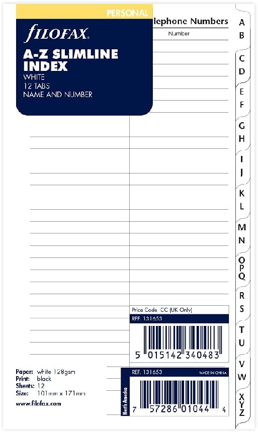 Filofax Personal A Z Index White Name Tel 13 Tabs 95x171mm 6 Hole