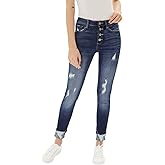 Kan Can Women's High Rise Button Fly Distressed Super Skinny Jeans