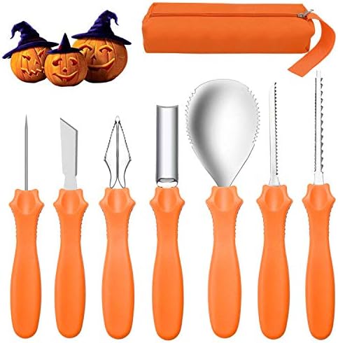 Halloween Pumpkin Carving Kit, 7 Pieces Stainless Steel Professional Carving Tools with Carrying Case, Rugged and portable, Halloween Family Essential Set, Orange