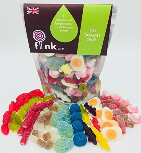 The Gummy One | Jelly & Gummy Sweets Gift | Cola Bottles & Fizzy Sweet Gift Bag | Candy Hamper Sweets Selection Box Bundle Bag | British Collection | fink gifts | CONTAINS: Haribo Crocodiles | Juicy Lips | Fried Eggs | Fizzy Cherry Cola Bottles | Fizzy Cola Bottles | Haribo Terrific Turtles | Mushrooms | Sour Blue Raspberry Berries | Sour Strawberry Bites | Sour Blue Raspberries