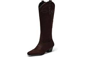 Coutgo Womens Cowboy Western Boots with Embroidered Square Toe Chunky Heel Mid Calf Boots Fall Winter Shoes