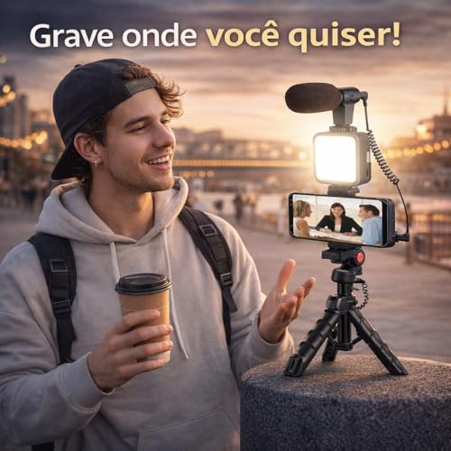 Kit de Gravação Completo com Tripé, Luz LED e Suporte para Celular – Ideal para Vlogs, Lives e Vídeos Profissionais Tripé com Luz LED e Microfone para Celular – Kit Vlogging Profissional Premium