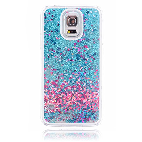 Rosepark S5 Case, Galaxy S5 Case,S5 Blue Bling Glitter Liquid Case, (TM) Creative Design Liquid Flowing Glitter Hard Case Cover For Samsung Galaxy S5 I9600(Blue&Hearts),with Screen Protector