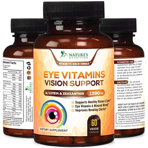 Eye Vitamins with Lutein & Zeaxanthin, Highest Potency Natural Vitamin and Mineral Supplement 1390mg - Made in USA - Best Formula for Vision Support, Dry Eyes & Macular Health - 60 Capsules