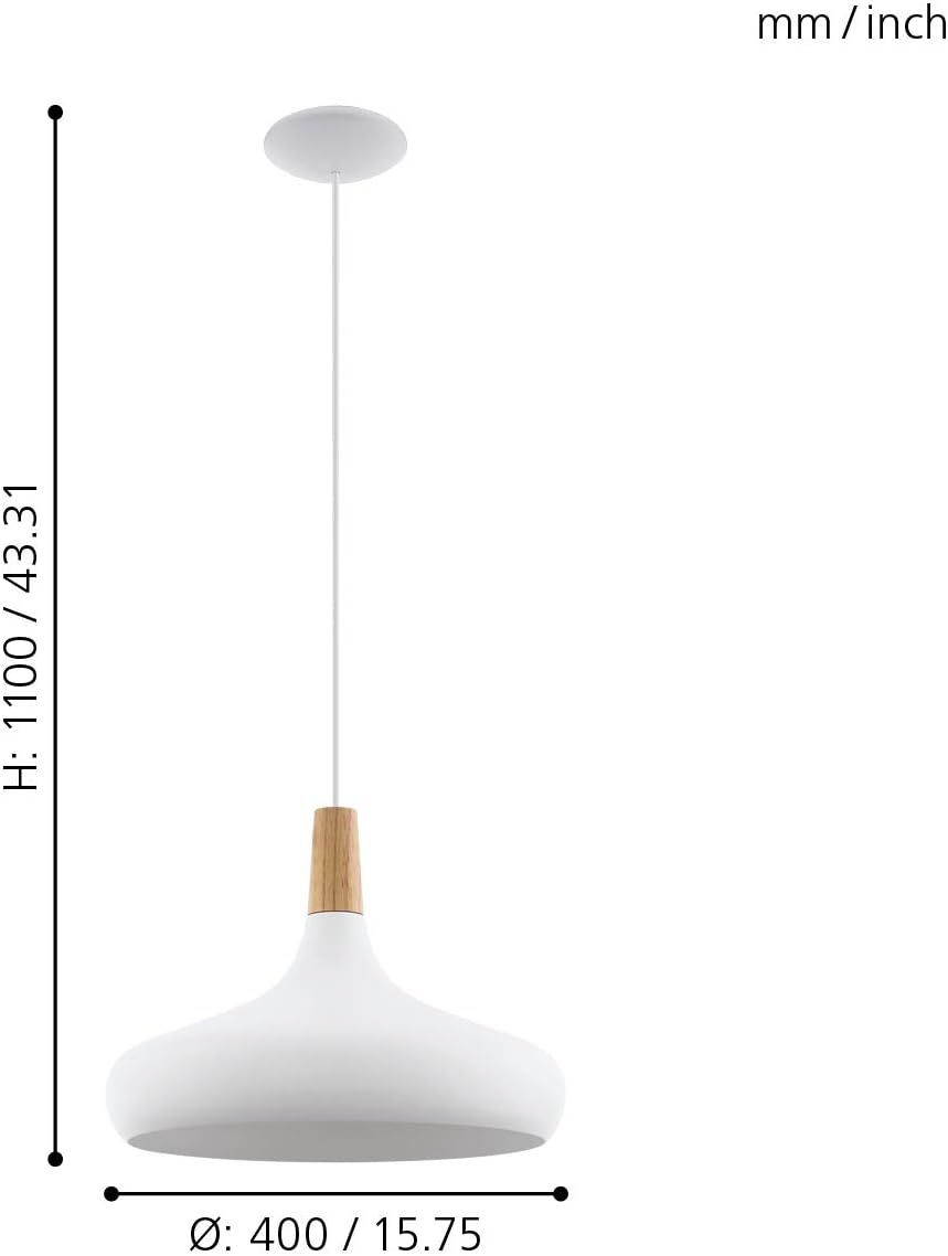 Eglo Sabinar Pendant Light, Steel and Wooden Hanging Lamp Coloured in White and Brown, E27 Socket, Socket: E27 - Image 5