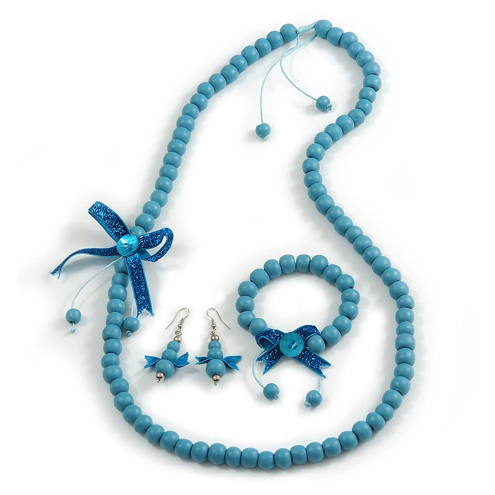 Avalaya Light Blue Wooden Bead with Bow Long Necklace, Bracelet and Drop Earrings - 80cm Long