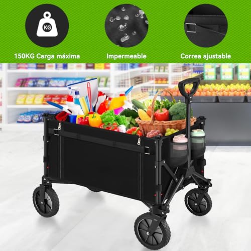 SAFONUS Carrito Plegable con Ruedas Giratorias y Puerta Lateral - Portátil para Carga Extra Larga hasta 150 Kg, Plegado Fácil por Mujeres Adultas, Transporte de Mercancías, Niños y Mascotas (Negro)