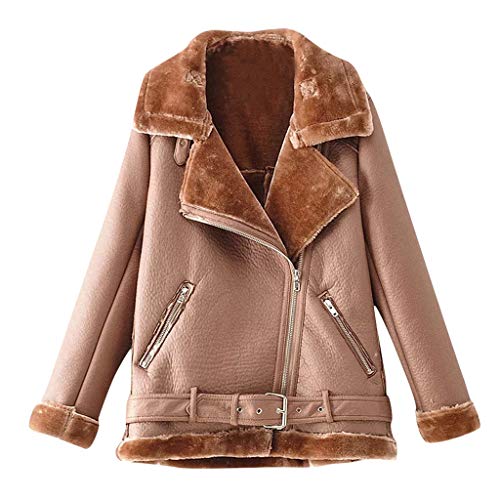 Winter Turn Down Collar Plush Jacket for Women, Long Sleeve Solid Coat with Zipper Pocket Thick Leather Plush Jacket Khaki