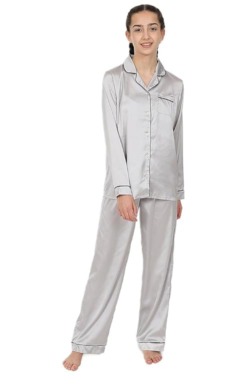 Girls Satin Long Silver Pyjama Set Summer Silk Pjs for Kids (6-7 Years)