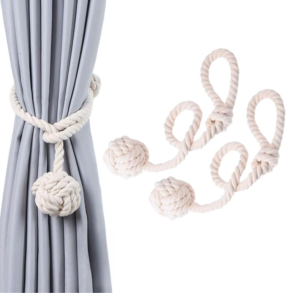 Himtop A Pair of Curtain Rope Tiebacks Hand Knitting Curtain Tie Back with Single Ball Beige for Home Decoration (2PCS)