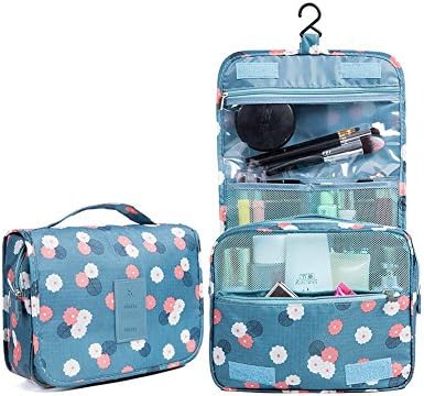 Yifandoll Toiletry Bag Portable Travel Storage Organizer Cosmetic Bag for Women Makeup or Men Shaving Kit with Hanging Hook for Travel (Blue Flower)