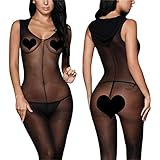 BOOMLEMON Women's Seamless Sheer Hooded Bodystocking Open Crotch Lingerie Bodysuit Black