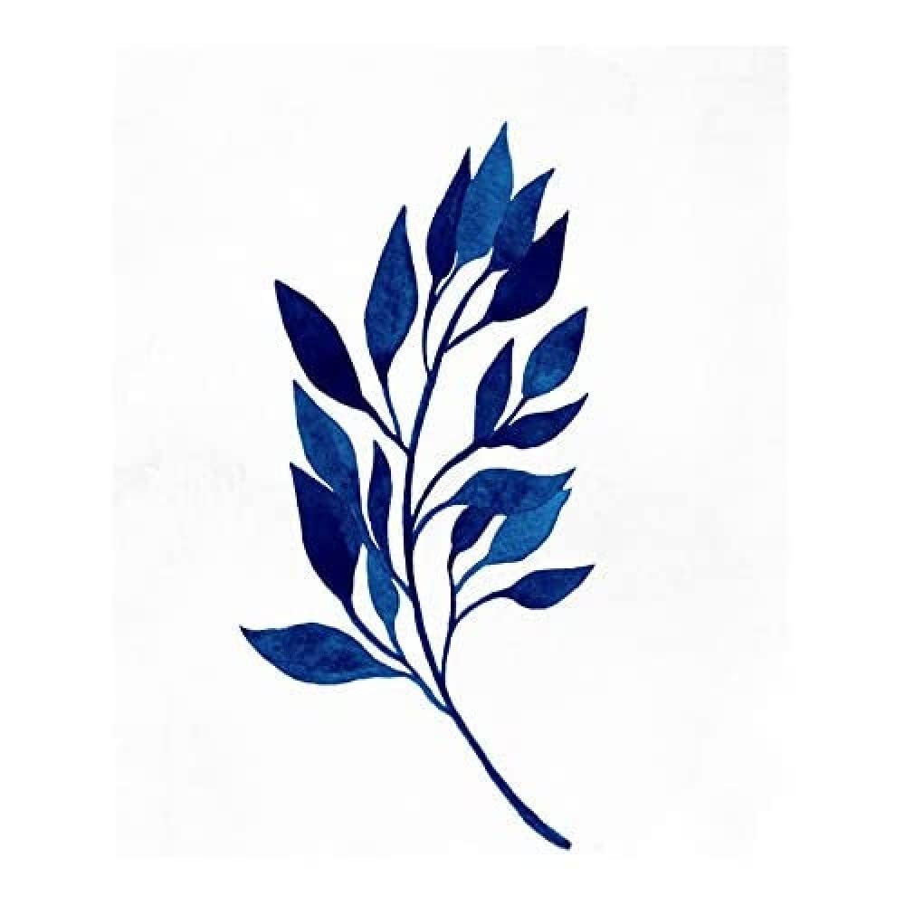 Wee Blue Coo Navy Blue Watercolour Leaves Art Print Canvas Premium Wall Decor Poster Mural