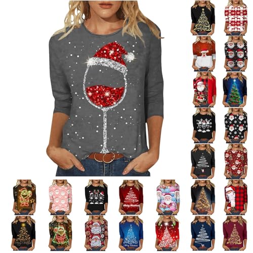 Christmas Jumpers For Women 3/95 Sleeve Red Wine Glass Graphic Tops Crewneck Tunic Blouse Trendy Loose Fit Pullover Shirts Classic Christmas Jumper