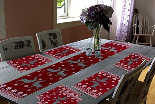 Glamkaart Jacquard Cotton Fabric Printed Table Mats with Runner (Red) - Set of 7