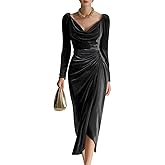 Sieisu Velvet Tulle Midi Dress with Long Sleevee Cowl Neck Formal Cocktail Dresses Bodycon Ruched Wedding Guest Party Gown
