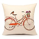 Watercolor Bird with Bicycle Vintage Home Decor Design Throw Pillow Cover Pillow Case 18 x 18 Inch Cotton Linen for Sofa (Red Flower)