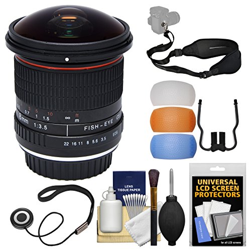 Vivitar 8mm f/3.5 Fisheye Lens with Sling Strap + Flash Diffusers + Kit for Canon EOS Digital SLR Cameras