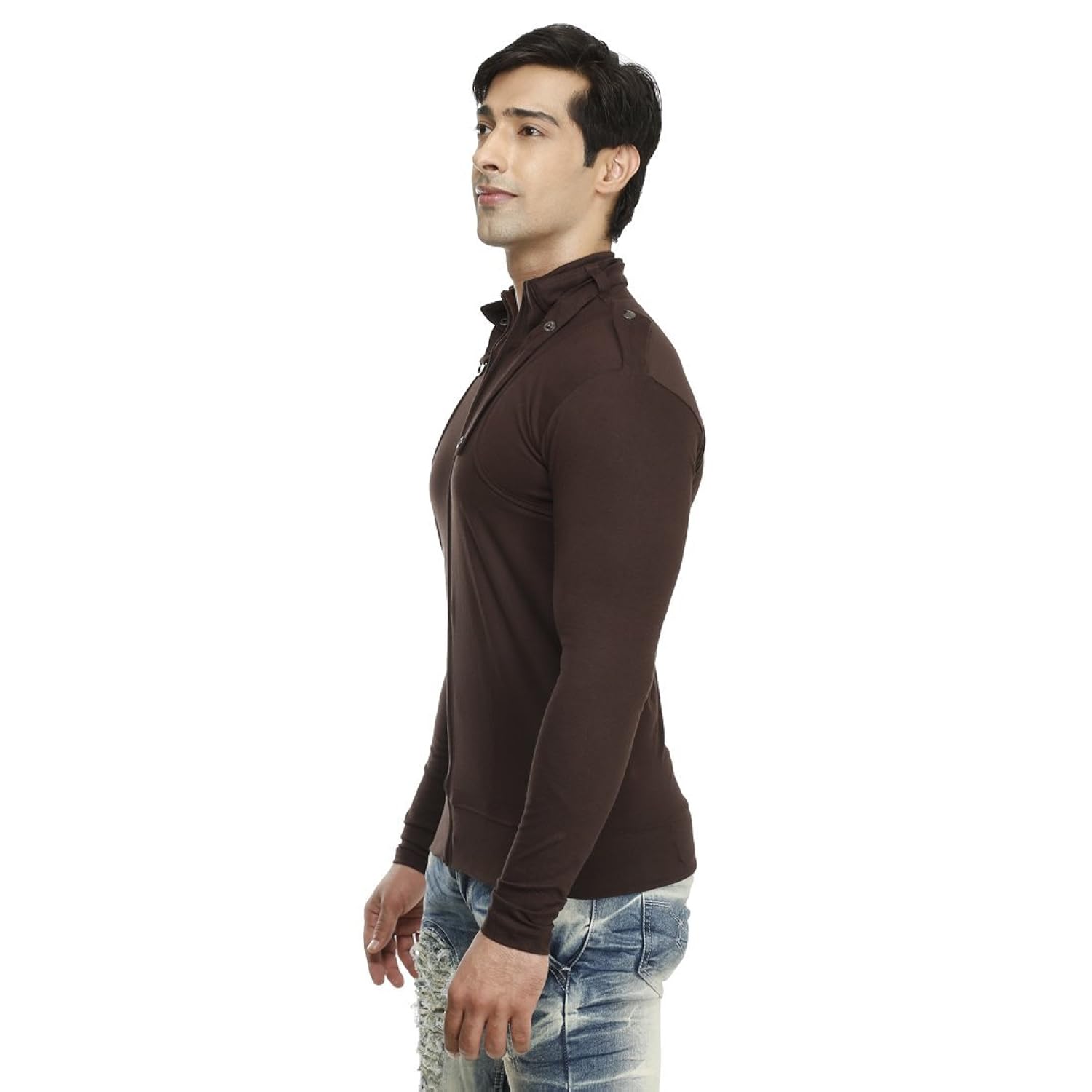 tees collection men's full zip buckle neck full sleeve brown colour t-shirt