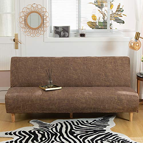 Topchances Armless Sofa Bed Cover, Polyester Spandex Futon Slipcover, Anti-Slip Elastic Full Folding Couch Sofa Universal Fitted Sofa Bed Slipcover Furniture Cover Protector (Linen Coffee)