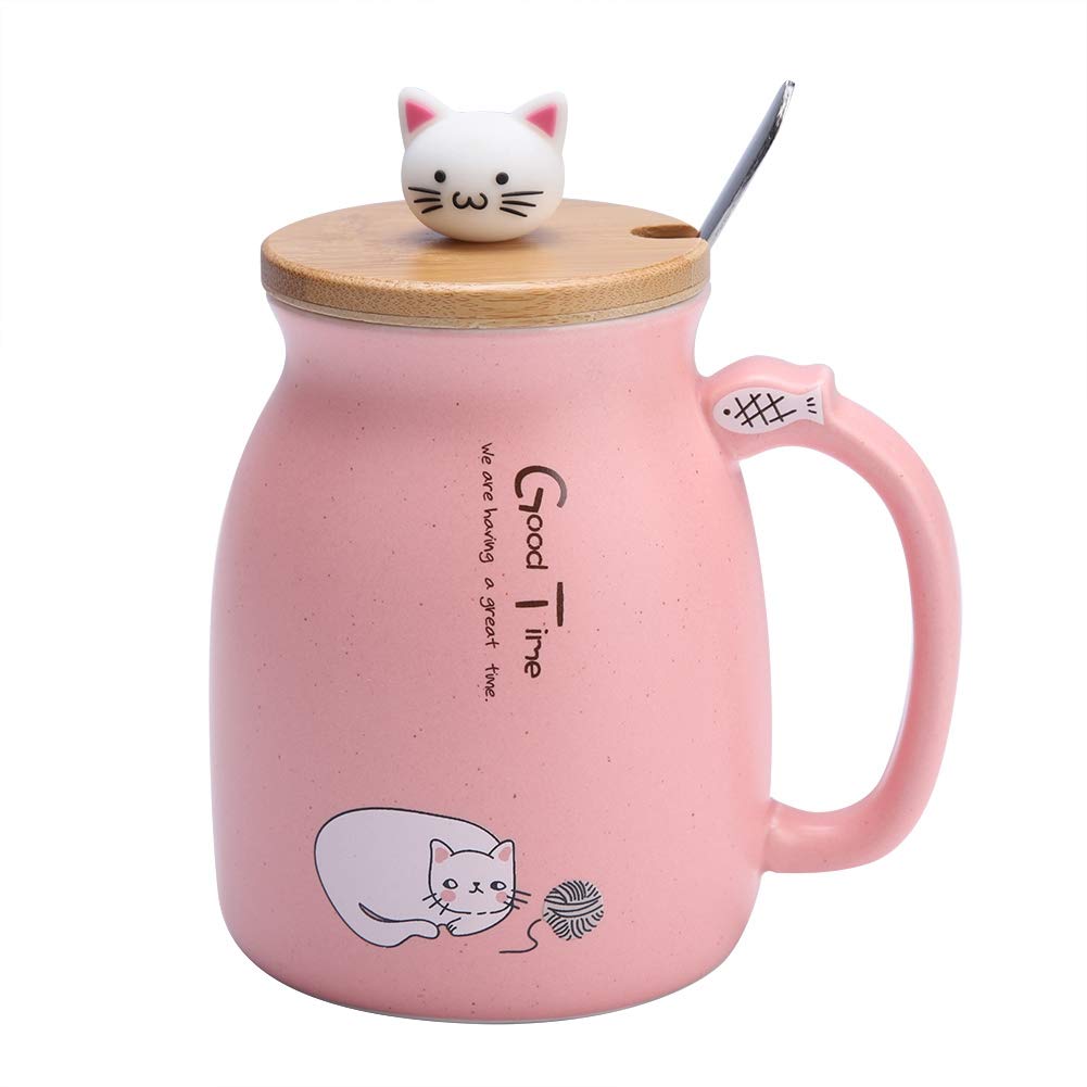 Raguso Ceramic Cup Lovely Cartoon Cat Ceramic Cup 1pc 420ml Heat-Resistant Ceramic Mug With Stainless Steel Spoon And Wooden Lid For Coffee Water Milk Drinkware Gift(Pink)