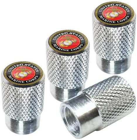 Tricktoppers Polished Silver Billet Knurled Aluminum Tire Wheel Valve Stem Dust Caps For Cars Trucks Trailers SUV's RV's Motorcycles Bikes (Set Of 4) Military Veteran USMC Marine Corps