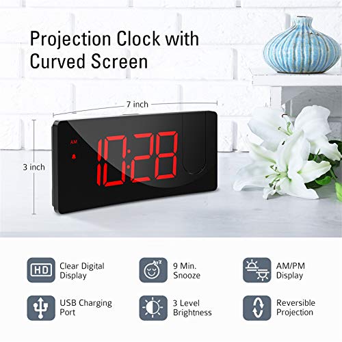 PICTEK Projection Alarm Clock, 4 Dimmer, Digital Clock with USB Phone