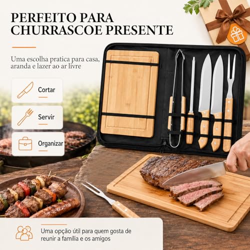 Jogo de Churrasco Tradicional 6 Peças, Kit Churrasco com Tabua, Faca Churrasco, Garfo Trinchante, Pegador para Carne e Afiador, Laminas em Aço Inox, com Bolsa Portátil, Ideal para Camping e Viagens