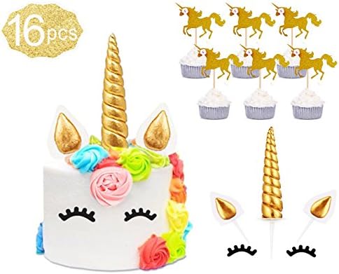 Gold Unicorn Cake Topper with Horn,Ears,Eyelashes Set,Unicorn Cupcake Toppers Set,Unicorn Party Supplies for Girls Boys Birthday Party,Baby Shower,Wedding (pattern 2)