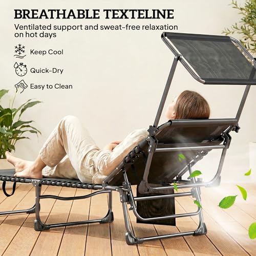 Outsunny Outdoor Chaise Lounge Chairs, 2 PCS Folding Lounge Chairs with Adjustable 5-Position, Cushion, Canopy, Side Pocket, Headrest, Sun Lounger for Patio, Beach, Light Grey