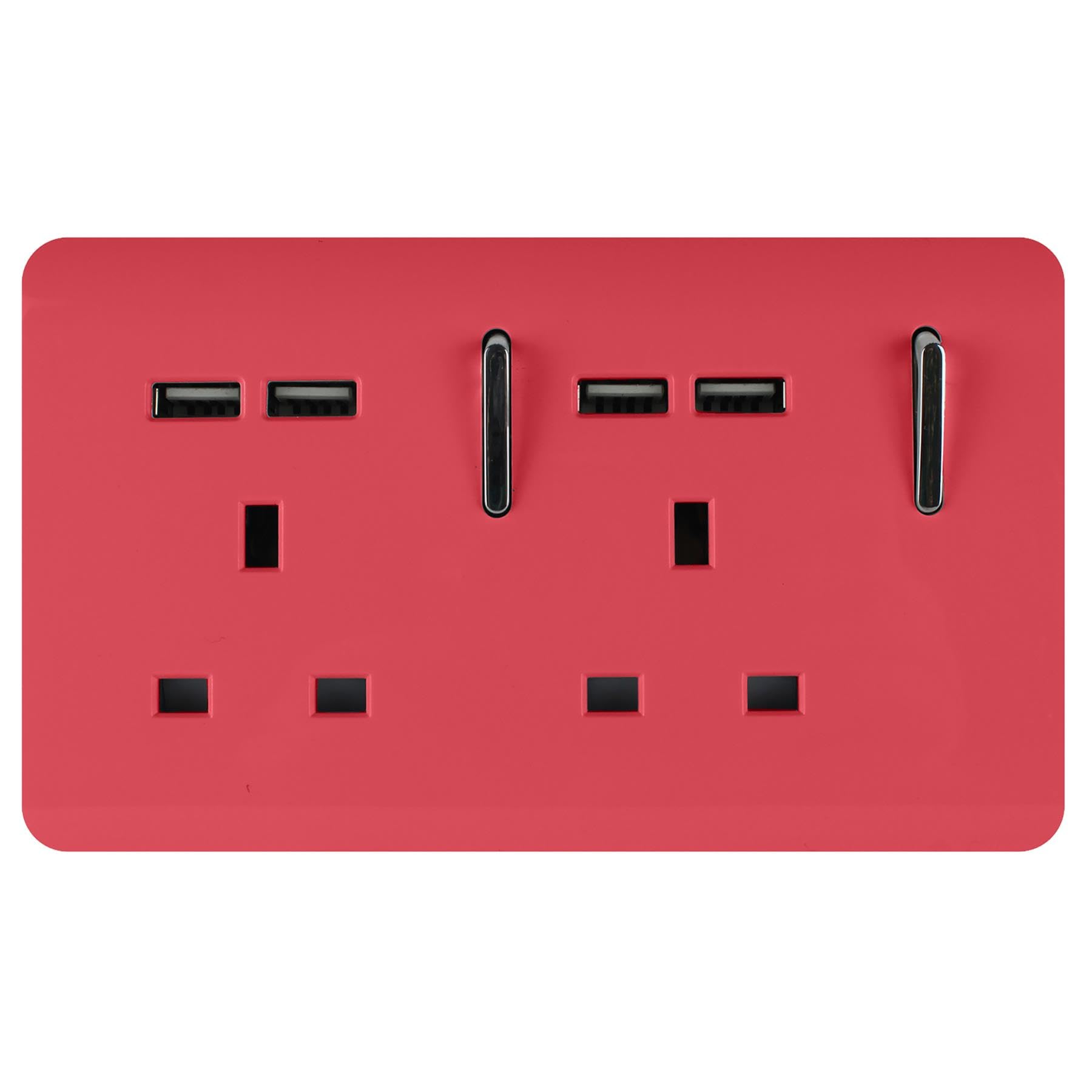 Trendi 2 Gang Artistic Modern Glossy Screwless Raised 13 Amp 240v Short 4 USB Type A Charging Points Double Chrome Switched Electrical Wall Plug Socket Strawberry Red - ART-SKT213USBSB