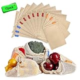 LONOVE Reusable Produce Bags 12 Packs Washable Mesh Grocery Bags Organic Cotton with Tare Weight Tags Muslin bag Eco Friendly Wooden Drawstring Lock for Veggies, Fruits, Bulk Food Shopping & Storage