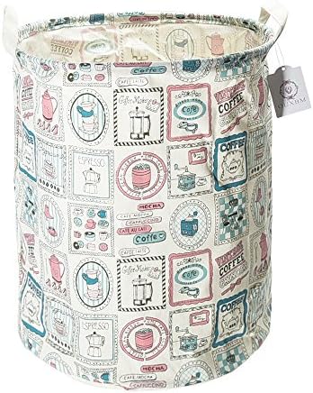 OUXBM (Coffee Time Pattern) Laundry Hamper Collapsible, Waterproof Canvas Fabric Bin, Clothes Basket Storage for baby room, Nursery, Laundry, Toy Organizer (17.7" x 13.8")
