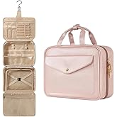 flaxarne Portable Travel Toiletry Bag for Women Make Up Organizer with Hanging Hook Waterproof PU Leather Cosmetic Bags with 4 Compartments 13 * 9 * 5 Inches Pink