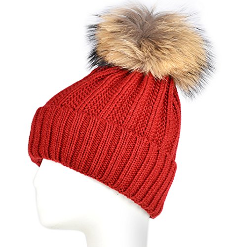Color City Women's Detachable Faux Fur Pom Pom Fleece Lined Knitted Slouchy Beanie Hat (Red)