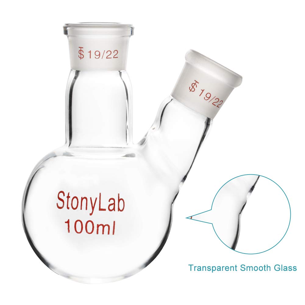 StonyLab Glass 100ml Heavy Wall 2 Neck Round Bottom Flask RBF, with 19/22 Center and Side Standard Taper Outer Joint, 100ml - Image 5