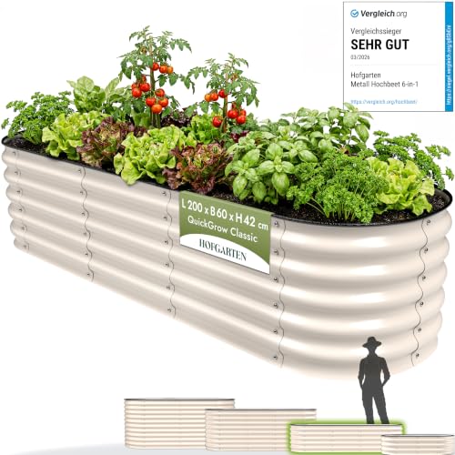 HOFGARTEN Hochbeet Metall 200x60x42 cm, 6-in-1, erweiterbar, Cremeweiß