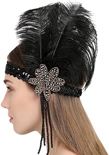 FAYBOX Great Gatsby Feather Flapper Headbands Tassels Beaded Headwear BLK