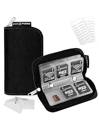 Estuche transportador de tarjeta de memoria   apto para tarjetas SDHC y SD   8 folios y 22 ranuras   ECO-FUSED paño de limpieza de microfibra incluido, Negro