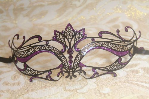 Black Majestic with Purple Glitter Princess Venetian Masquerade Mask with Pink Diamonds