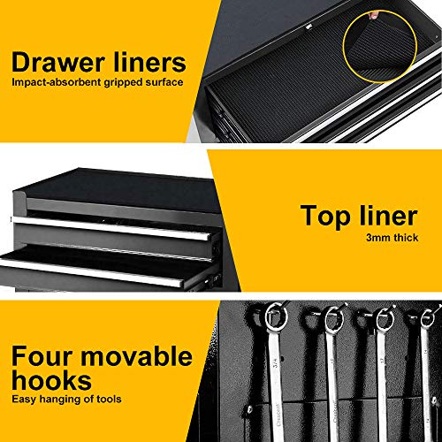 Big Removable Tool Chest, Rolling Tool Chests with Wheels (2PCS Lockable) and Drawers, Top Tray and Bottom Cabinet Door with Keyed Locking System, for Garage, Warehouse, and Workshop, etc(Black)