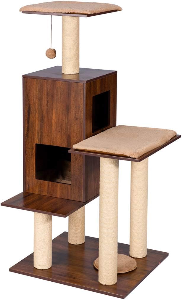 Good Life Modern Deluxe Cat Tree Wood Furniture House Condo 49" Tall Small to Middle Cat Pet Climbing Play Tower with Scratching Post and Pads Kitten Toy Coffee Color