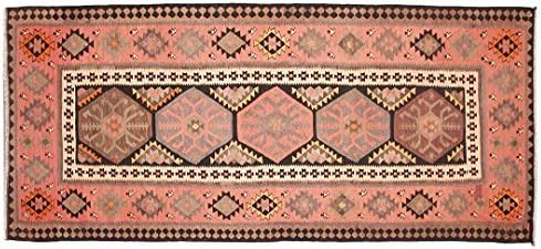 HeSamCrafts Pink and Black Hand Knotted Vintage Antique Distressed Wool Kilim Runner Rug, Oriental Wool Geometric Traditional Oriental Living Room Kilim Runner Rug, 3'4 x 9'5, Code: 18041425