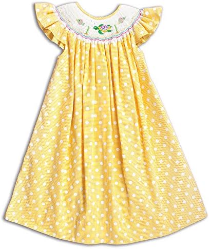 Rosalina Big Girl's Sea Turtle Yellow Polkadot Angel Sleeve Smocked Bishop 5Y
