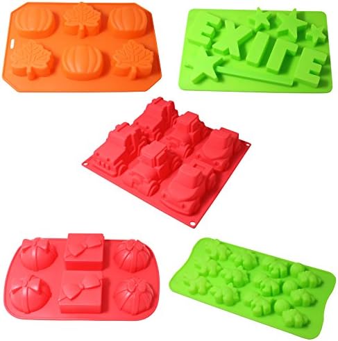 ProTect Candy Molds, Chocolate Molds, Ice Cube Molds, Silicone Baking Molds, PREMIUM Silicone Molds- Cars, Dinosaur, Leaves and Pumpkins (Set of 5)