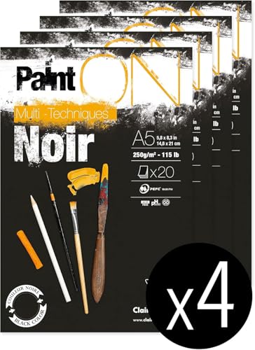 Clairefontaine 975809C - Un bloc encolle de papier dessin PaintOn 30 feuilles 21x29,7 cm 250g, Gris - Paquet de 4 blocs