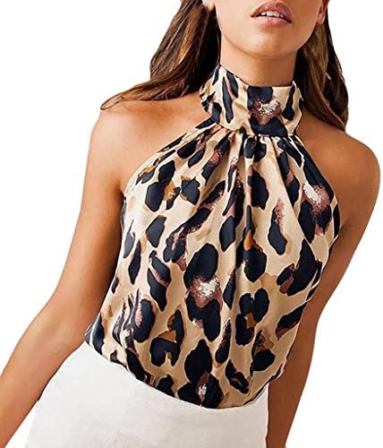 Womens Leopard Printed Halter Neck Cami Vest Evening Party Tops Blouse Khaki