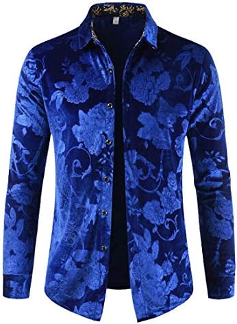 OTW Mens Slim Fit Lapel Long Sleeve Casual Velvet Print Button Up Dress Work Shirt