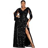Women's Plus Size Flare Sleeve V Neck Side Split Sequin Formal Prom Dress