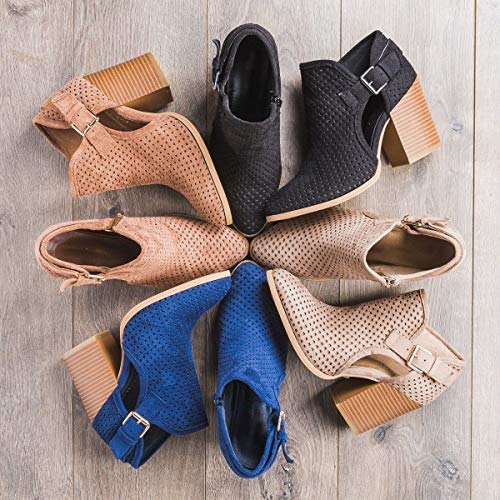 Womens Cut Out Booties Ankle Strap Block Heel Pumps Leather Stitch Boots Black